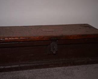 Unique Antique tool chest with a metal plaque on the top that reads " State Farm Insurance Auto." with a vintage model A car.