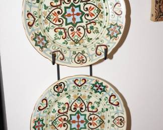 Pair of Antique European Plates with holder. Enameled decor.