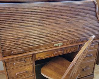Oak Roll Top Desk. Desk Chair.