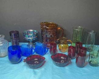 Glass Pitcher and Colored Glassware