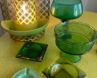 Pressed Green Glass Pedestal Candy Dish, Green Blown Glass Pedestal Bowl