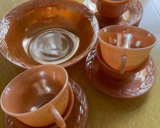 Fire King Peach Luster Laural Leaf Design - Set of 6 Teacups & Saucer, Soup Bowl