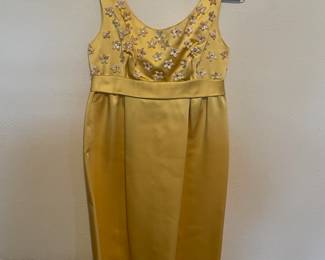Circa 1960 Mustard Yellow Cocktail Dress with Flora Beaded Top