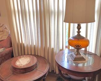 Mid Century Burnt Orange Table Lamp, Regency Style Mahogany Coffee Table with Leather Top, Regency Style Mahogany Side Table with Leather Top 