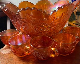 Imperial Marigold Carnival Glass Punch Bowl with 5 Mugs