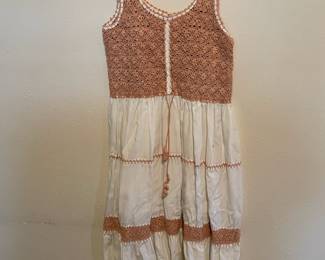 Tan/White Cotton Blouse with Crocheted Top