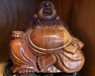 Wood Carved Laughing Buddha Sculpture