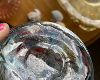 Multicolored with Clear Bubble Blown Glass Sphere/Paper Weight Signed by LC