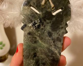 1997 Wall Mount Stone Mask with Feathers Signed by Hotes