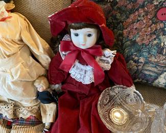 Brunette Porcelain Doll in Red & White Lace Dress