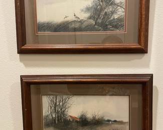 2 Framed and Matted Lithographs by Supote Krikul - Waiting Quails, Barn Behind the Trees