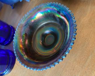 Blue Carnival Glass Bowl with Ruffled Edge