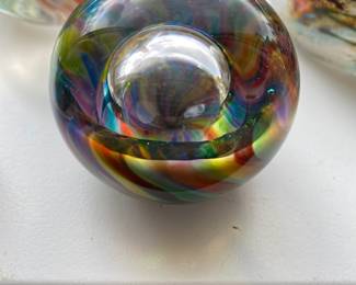 Multicolored with Clear Bubble Blown Glass Sphere/Paper Weight Signed by LC