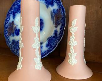 Pair of Vintage ECanada Art Pottery Pink Jasperware Floral Vase