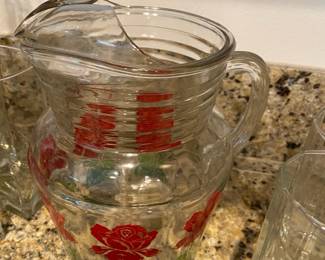 Mid Century Clear Glass Pitcher with Red Floral Design