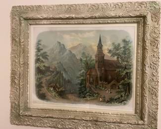Painting of Chapel in the Mountains with Ornately Carved Frame