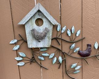 Metal & Wood Bird House With Birds Outdoor Decor
