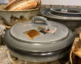 Gray Pottery Casserole Dish with Abstract Design Signed by Carson