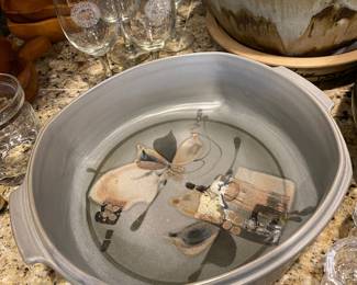 Gray Pottery Pan with Abstract Design Signed by Carson