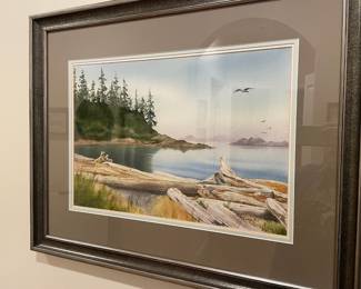 Framed & Matted Watercolor of Driftwood Beach by R Proctor