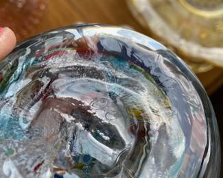 Multicolored Blown Glass Sphere/Paperweight with Sea Creatures Design - Signed LC