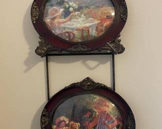 Pair of Victorian Oval Framed Prints of Girls Having Tea Party