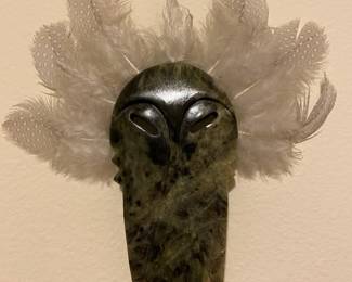 1997 Wall Mount Stone Mask with Feathers Signed by Hotes