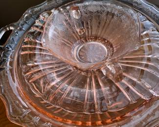 Pink Depression Glass Bowl with Etched Floral Design, Pink Depression Glass Serving Bowl with Handles