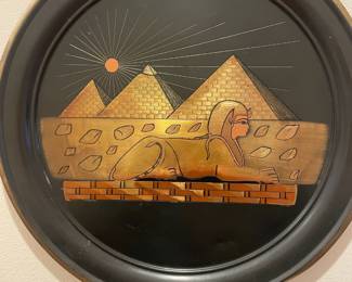 Egyptian Brass/Black Decorative Plate with Pyramid and Sphinx Design