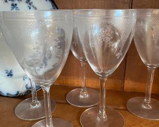 Set of 5 Fostoria Goblets with Floral Engraving