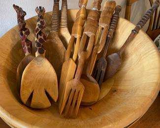 Pair of Giraffe Themed Wood Carved Salad Spoons, Pair of Zebra Hand Carved Wooden Salad Spoons, Set of Three Tribal Hand Carved Salad Set Utensils