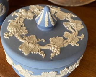 Wedgwood Blue Jasperware Grecian Grape Vine Covered Dish and Small Planter
