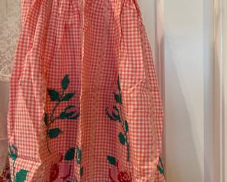 Coral Checkered Apron Bottom with Needlepoint Rose Design