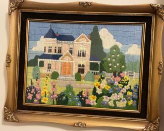 Ornately Framed Crewel Embroidery English Cottage Flower Garden