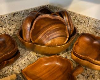 Monkey Pod Wood Salad Bowl Set, Monkey Pod Wood Leaf Shaped Bowl