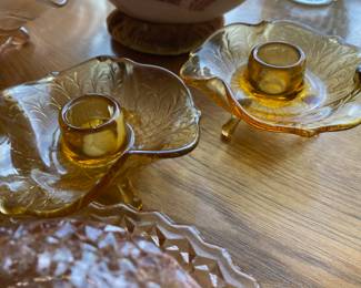 Pair of Amber Footed Leaf Design Candle Holders