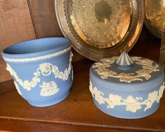 Wedgwood Blue Jasperware Grecian Grape Vine Covered Dish and Small Planter