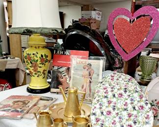 Cauldon England "Chintz" plates. W. A. Pickard tea set. Yellow ginger jar vintage lamp and vintage magazines.