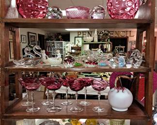 Much glassware. Cranberry glass