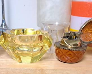 Vintage ashtrays. Yellow glass ashtray/lighter set