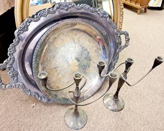 Weighted sterling candlesticks and Rogers silverplate trays