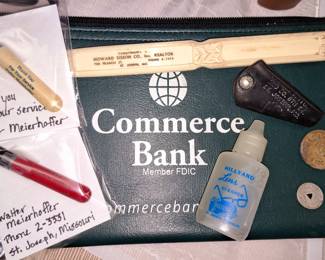 St. Joseph items. Walter Meierhoffer pens, Commerce Bank, Howard Sisson Co
Realtor, Modern Motors, Light and Power and Hillyard Lens Cleaner
