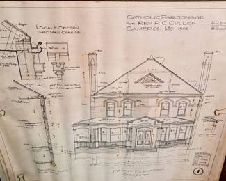 Vintage 9 pcs. architects plan 1906 Catholic Parsonage for Rev. R. C. Cullen Cameron, MO by E. J. Eckel St. Joseph, MO