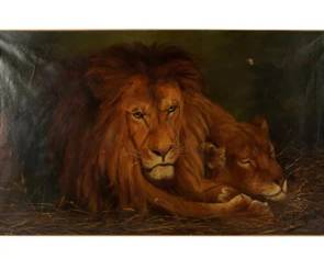 Large Lion Painting, Oil on Canvas, 30"x50" without frame.  Currently with wide gilt frame.  Quite stunning