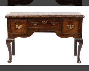 Very nice George III dresser base(lost it top long ago if it ever had one).  Has been used in private antiques collection for a small desk/dressing table.  