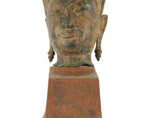 Southeast Asian Cast Bronze Head on wooden Plinth.  Overall 22'h x8 x8