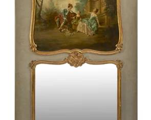 rare and unusual tall Parcel-Guilt Trumeau Mirror w/original French Oil Painting.