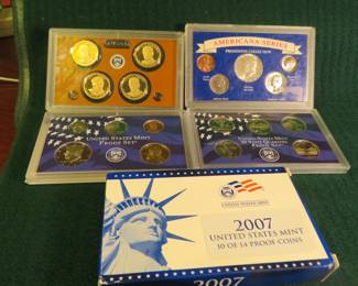 Lot 29. 2007 US Mint 10 of 14 Proof Coins, 2015 Presidential Dollar 4-coin set, Americana Series President's Collection.