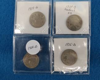 Lot 198. Four Buffalo Nickels: 1919D, 1928D,1929D, and 1935D. Dates are hard to read.