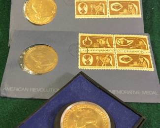 Lot 21. Two American Revolution Bicentennial Commemorative George Washington Medals and Stamps cancelled July 4, 1972 in Williamsburg, VA plus one 1975 Paul Revere Medal.
